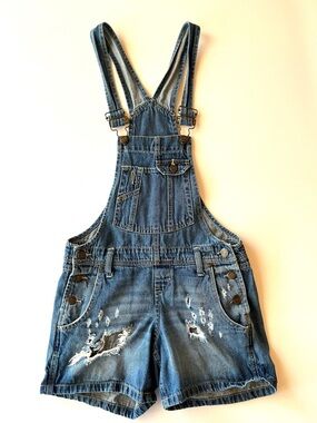 2000s LEI Jean Short Overalls Distressed Denim Bibs Extra Small Cotton Shortalls